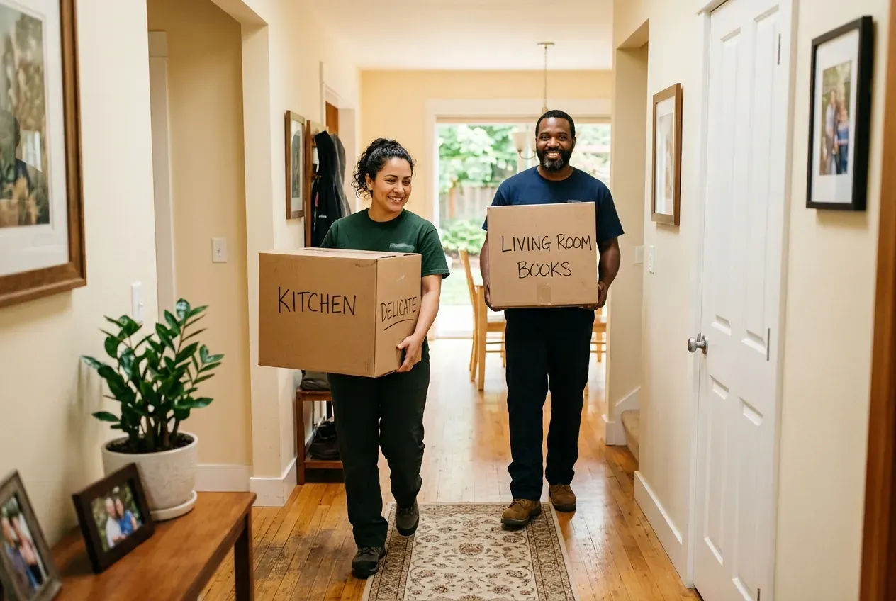 Two friendly movers carrying boxes labeled by room through the bright hallway of a family home