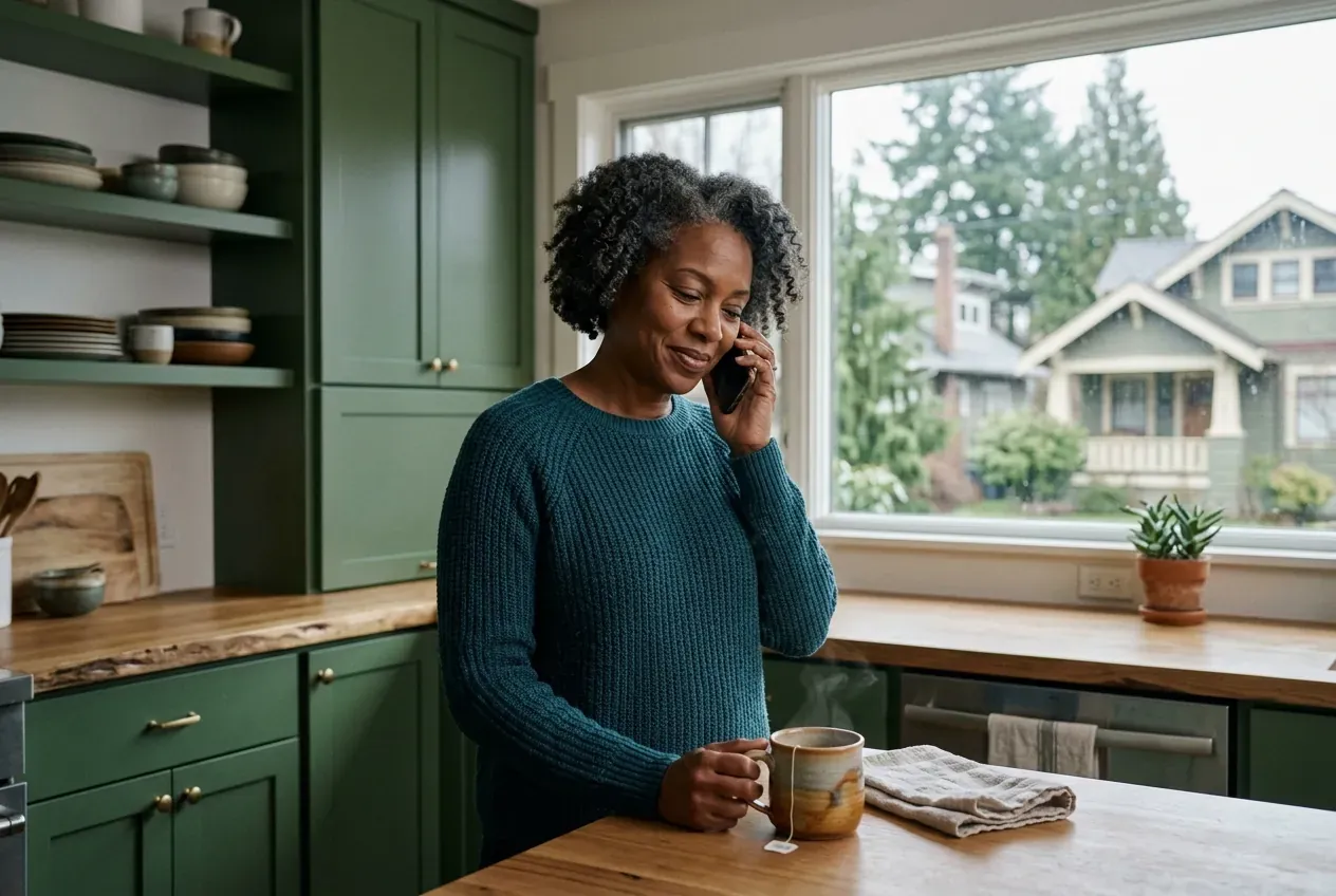 An adult daughter on the phone in her kitchen, looking relieved, with a Craftsman house visible across the street