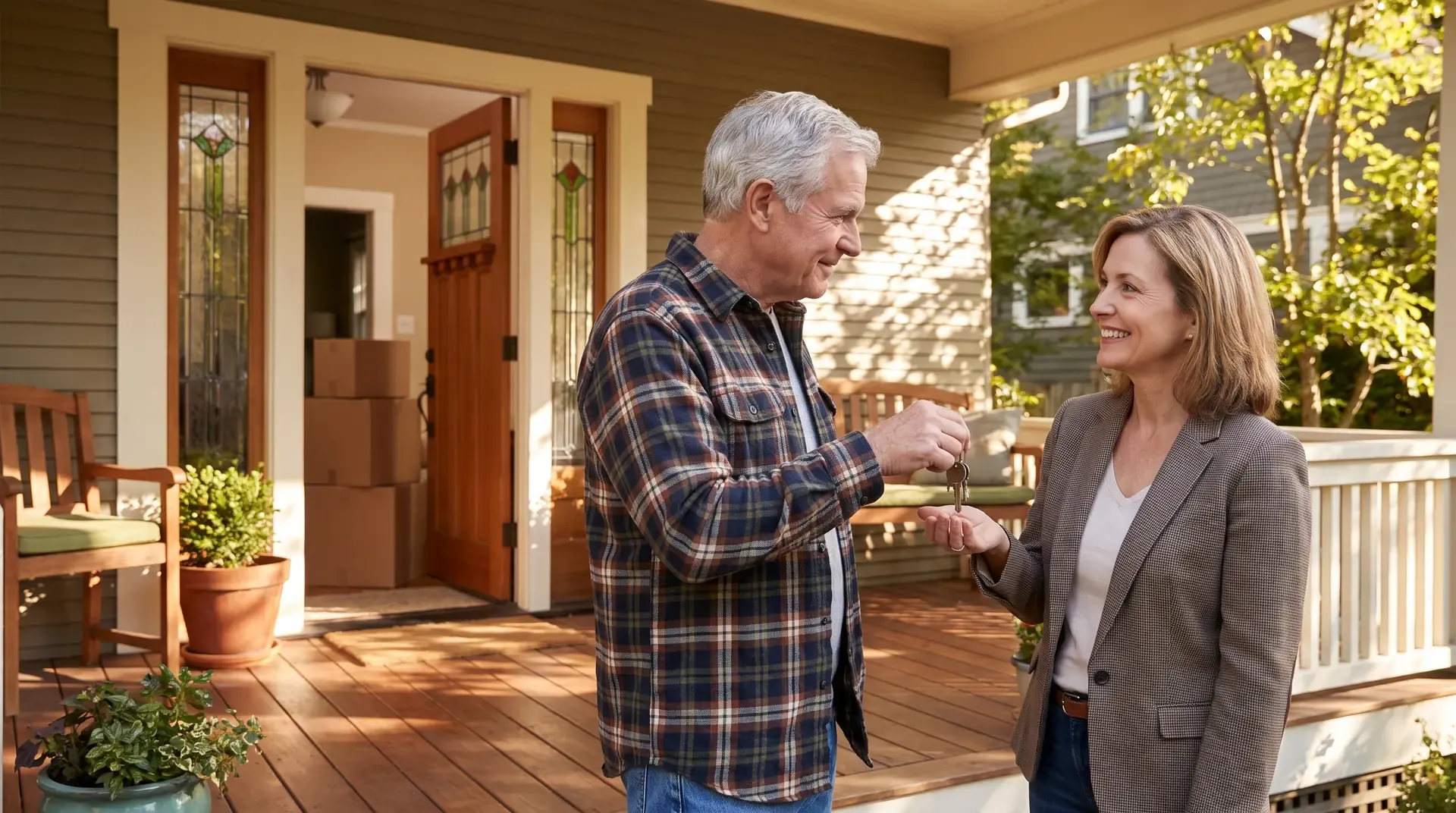 A senior homeowner handing his house keys to a friendly helper on the sunlit front porch of a Craftsman home, moving boxes visible inside