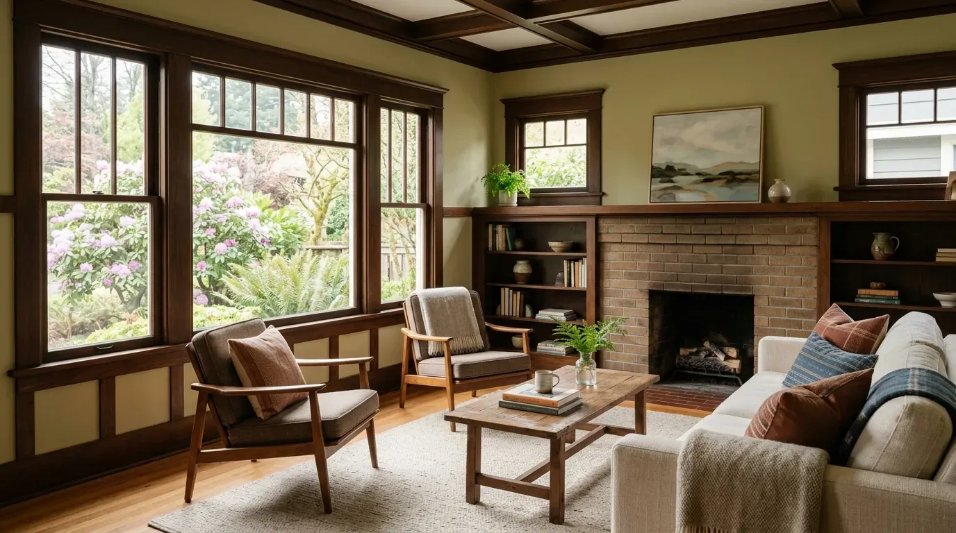 A calm, decluttered Craftsman living room staged for sale, with soft morning light and garden views